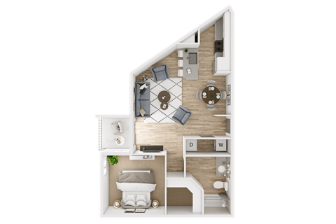 Floor plan for 1 bed, 1 bath, 707 sqft